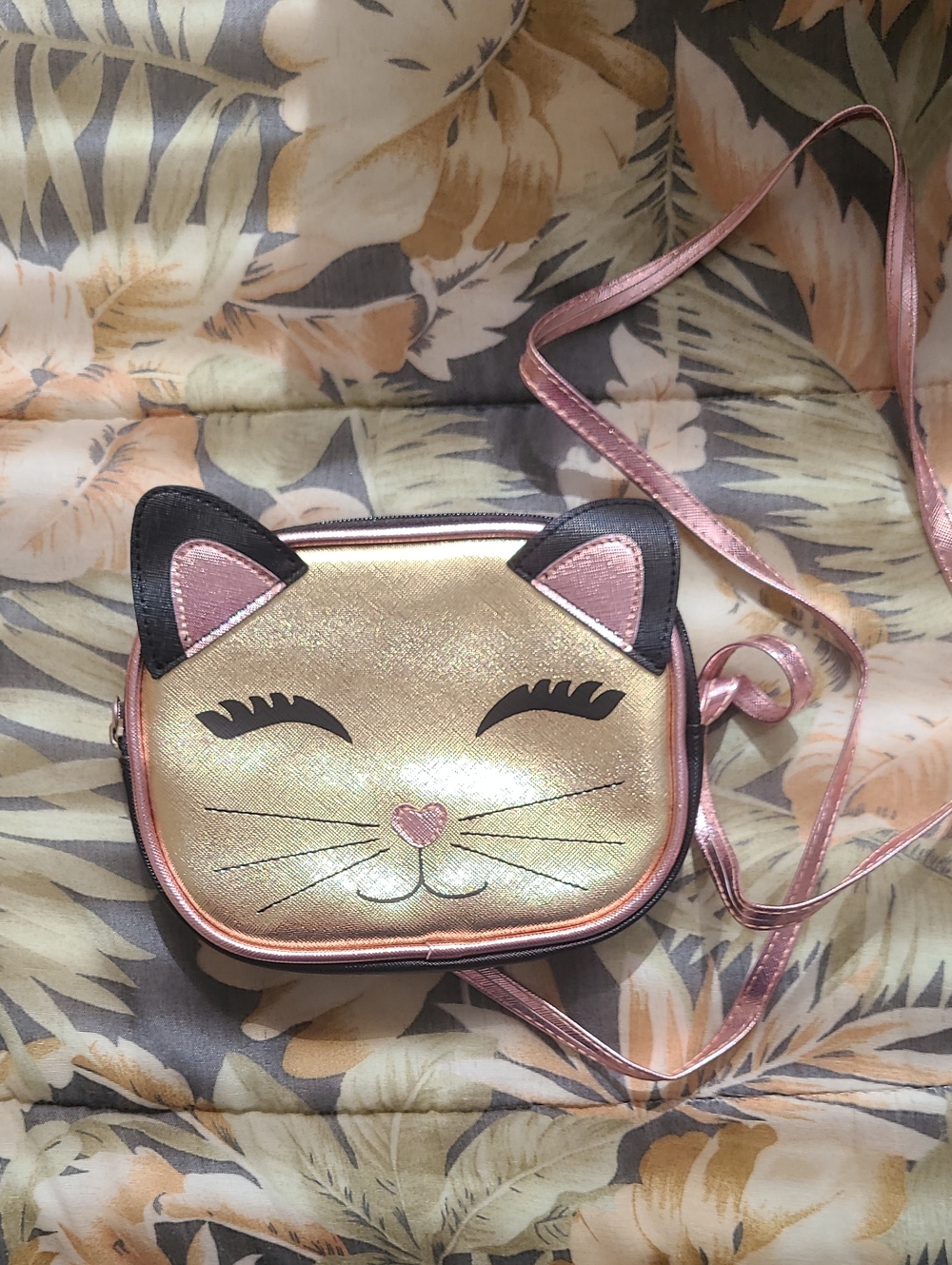 Kids Cat Face Crossbody Bag in Gold and Pink